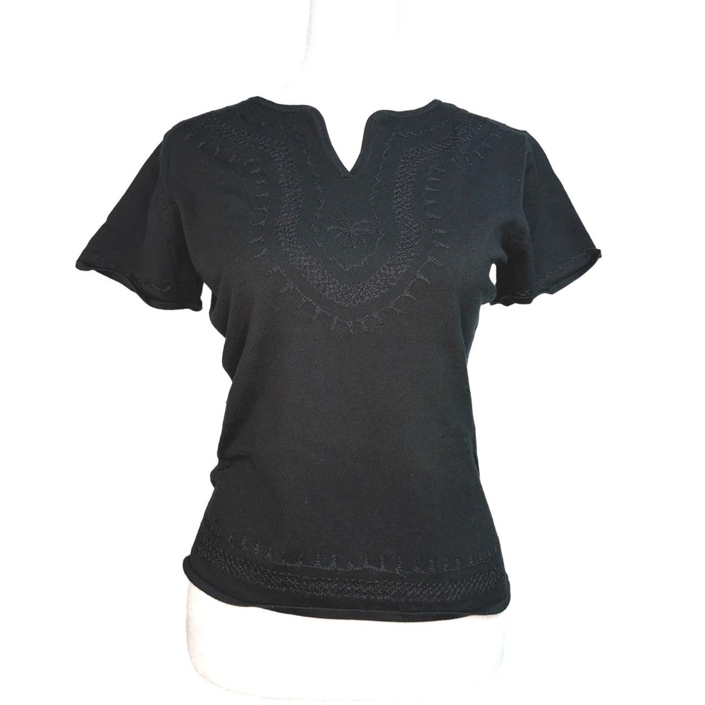 Cedars‎ Silk Blend Black Embroidered Notch Neck Short Sleeve Knit Top Small